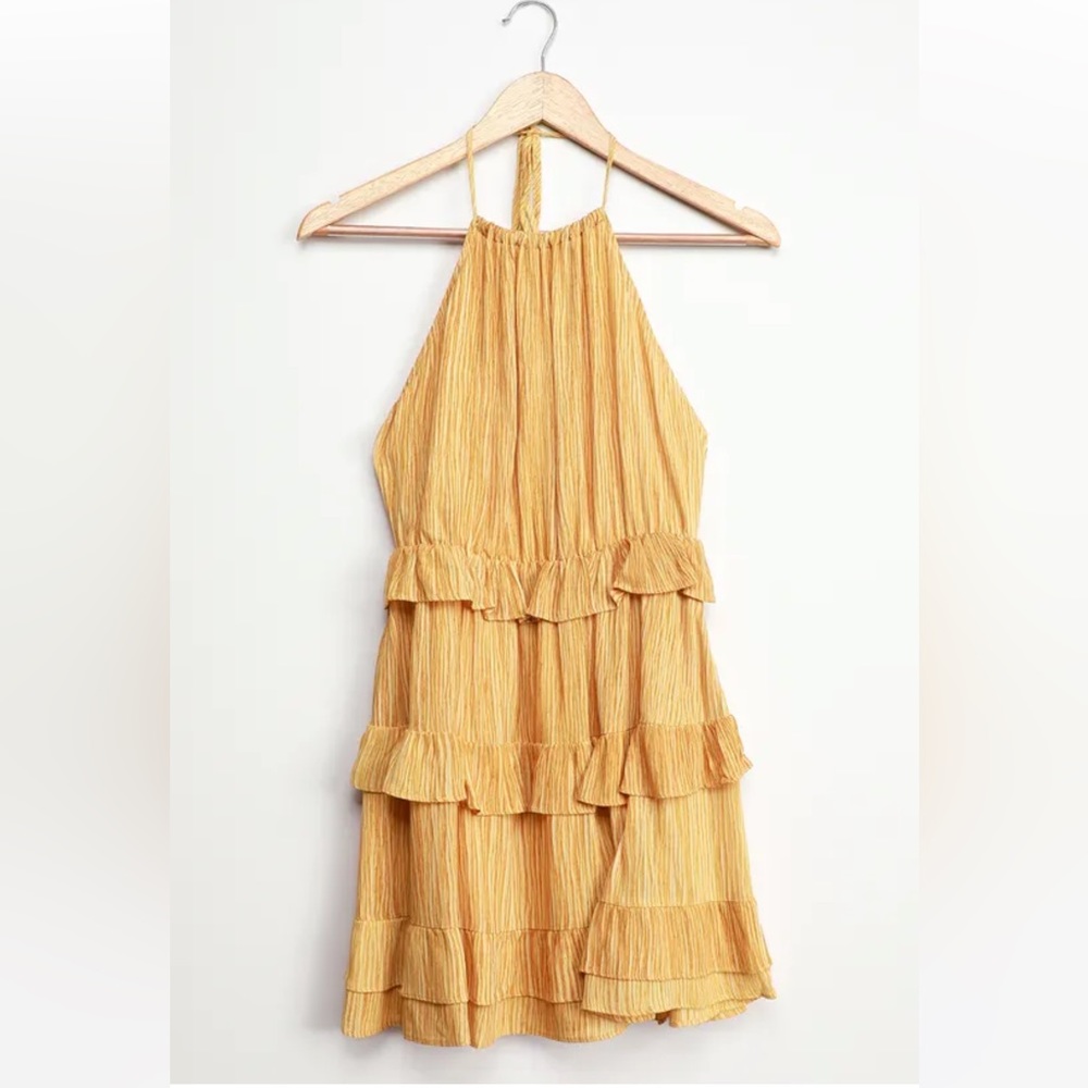 NWT Lulus Downright Darling Mustard Yellow Ruffled Halter Mini Dress Size L